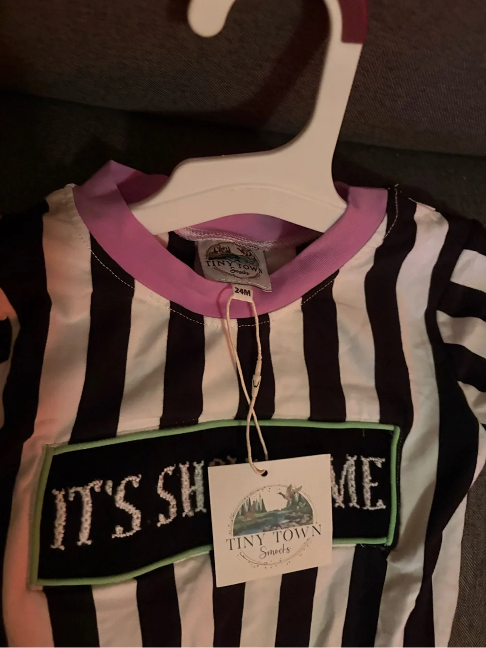 Striped Black & White Kids One-Piece Bodysuit with Green & Pink Trim